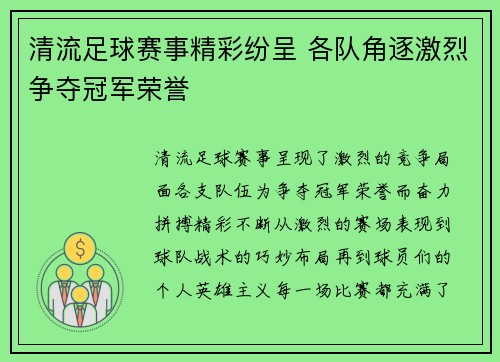 清流足球赛事精彩纷呈 各队角逐激烈争夺冠军荣誉