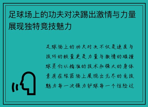 足球场上的功夫对决踢出激情与力量展现独特竞技魅力