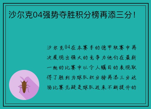 沙尔克04强势夺胜积分榜再添三分！