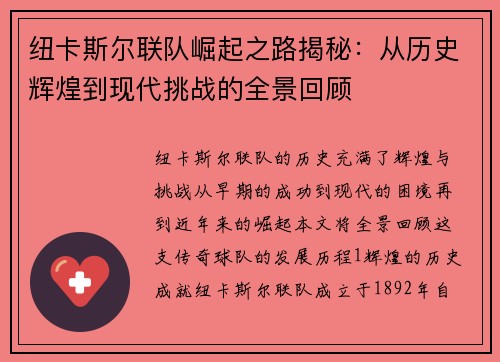 纽卡斯尔联队崛起之路揭秘：从历史辉煌到现代挑战的全景回顾
