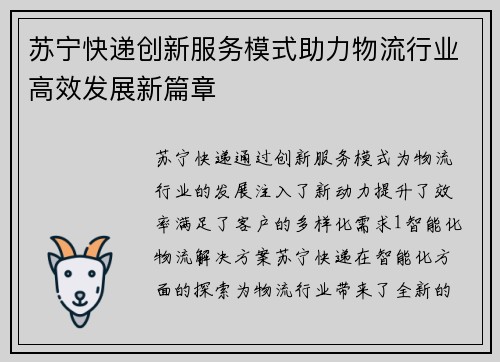 苏宁快递创新服务模式助力物流行业高效发展新篇章