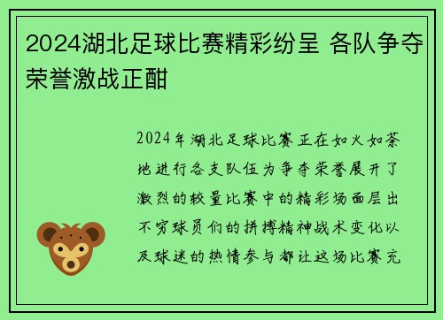 2024湖北足球比赛精彩纷呈 各队争夺荣誉激战正酣