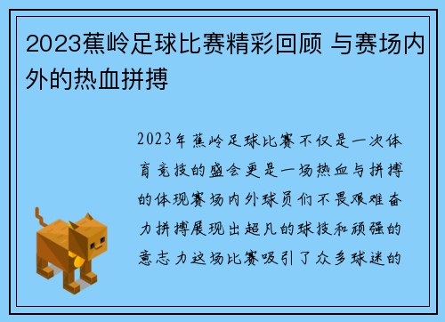 2023蕉岭足球比赛精彩回顾 与赛场内外的热血拼搏