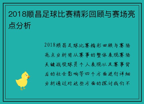 2018顺昌足球比赛精彩回顾与赛场亮点分析