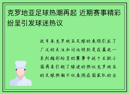 克罗地亚足球热潮再起 近期赛事精彩纷呈引发球迷热议