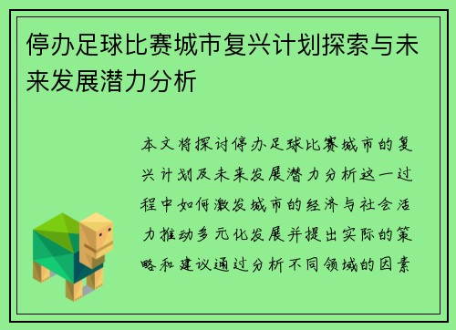 停办足球比赛城市复兴计划探索与未来发展潜力分析