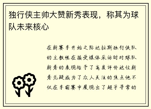 独行侠主帅大赞新秀表现，称其为球队未来核心