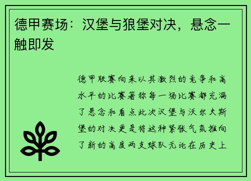 德甲赛场：汉堡与狼堡对决，悬念一触即发