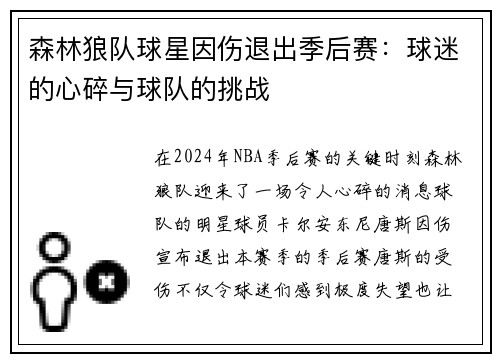 森林狼队球星因伤退出季后赛：球迷的心碎与球队的挑战