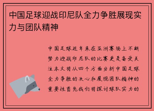中国足球迎战印尼队全力争胜展现实力与团队精神