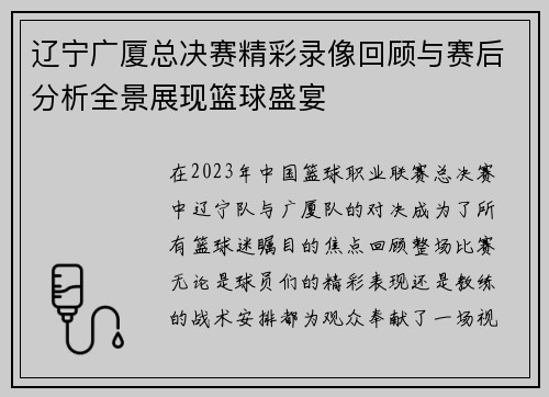 辽宁广厦总决赛精彩录像回顾与赛后分析全景展现篮球盛宴