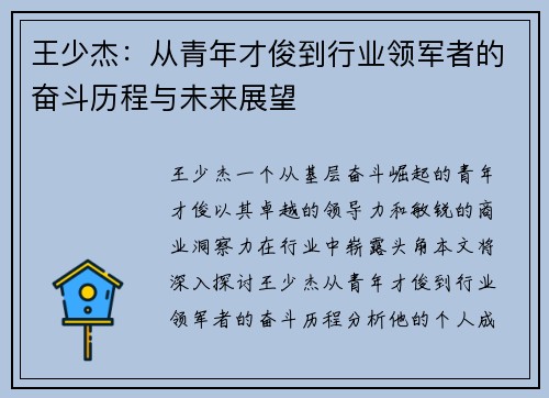 王少杰：从青年才俊到行业领军者的奋斗历程与未来展望
