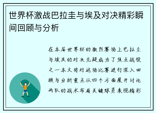 世界杯激战巴拉圭与埃及对决精彩瞬间回顾与分析