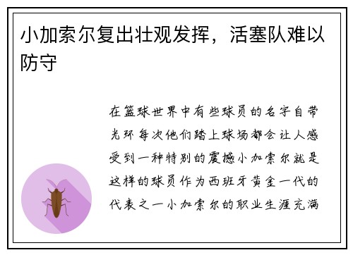 小加索尔复出壮观发挥，活塞队难以防守