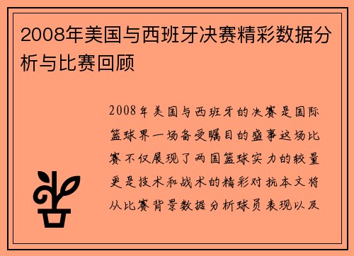 2008年美国与西班牙决赛精彩数据分析与比赛回顾