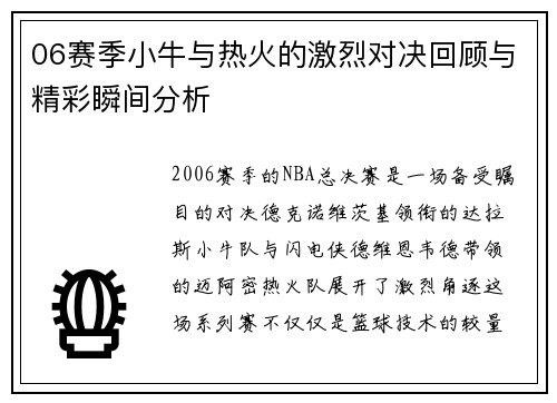 06赛季小牛与热火的激烈对决回顾与精彩瞬间分析