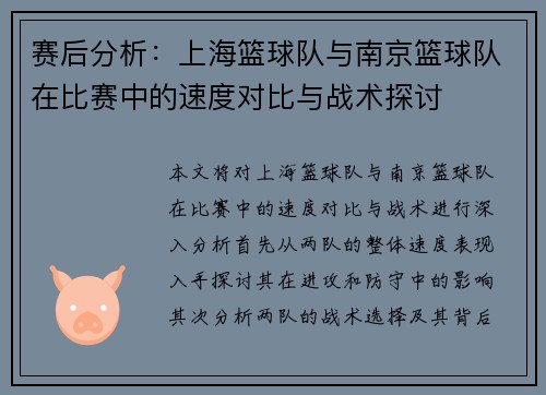 赛后分析：上海篮球队与南京篮球队在比赛中的速度对比与战术探讨