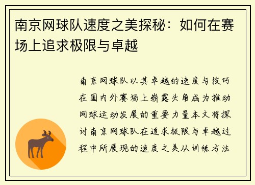 南京网球队速度之美探秘：如何在赛场上追求极限与卓越